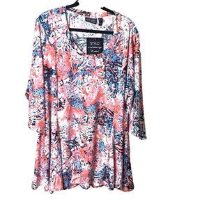 ATTITUDE BY RENEE ORANGE MULTICOLOR PRINT 3/4 SLEEVES TUNIC WITH POCKETS 3XP NWT
